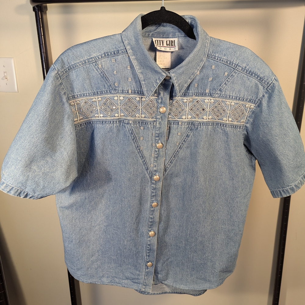 Vintage City Girl Sport Jean Button Up Short Sleeved Blouse Sz. 14 Blue